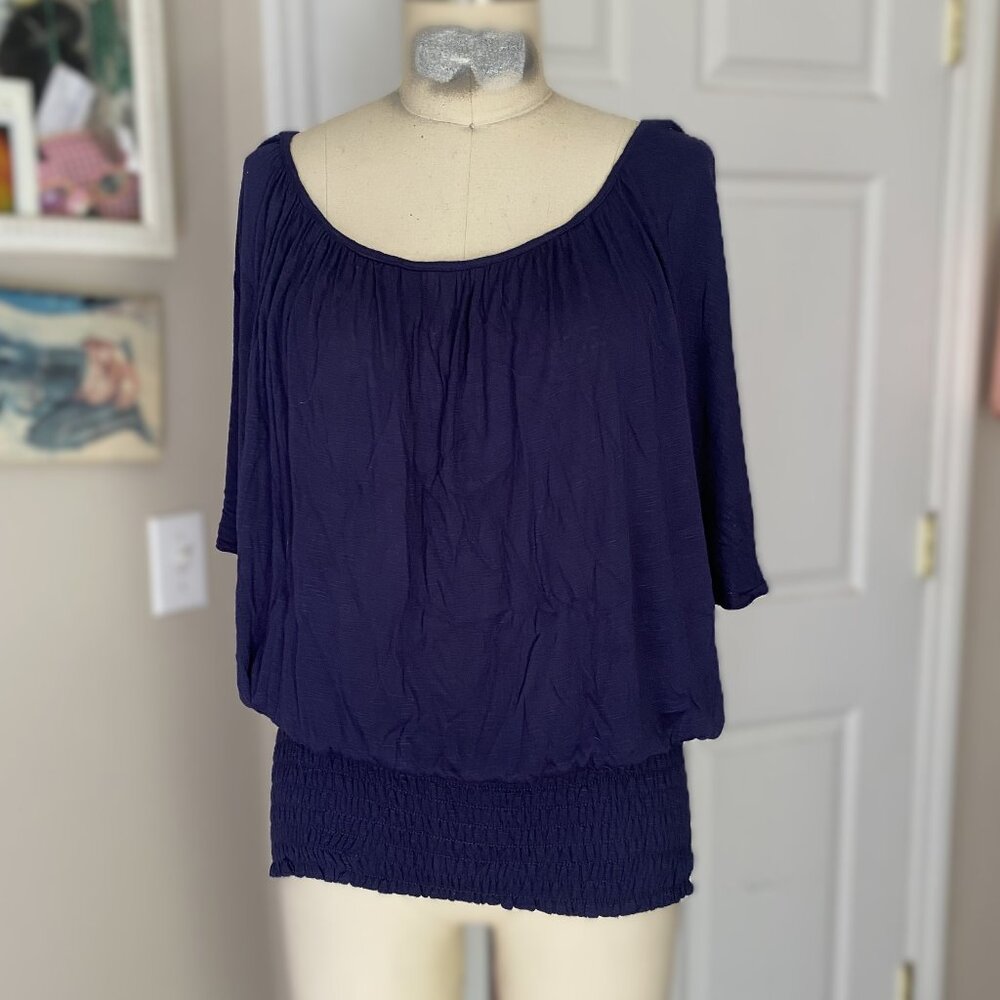 TAMMY MARS Navy stretch Y2K Batwing smocked Shirred Waist Shirt *SMALL*